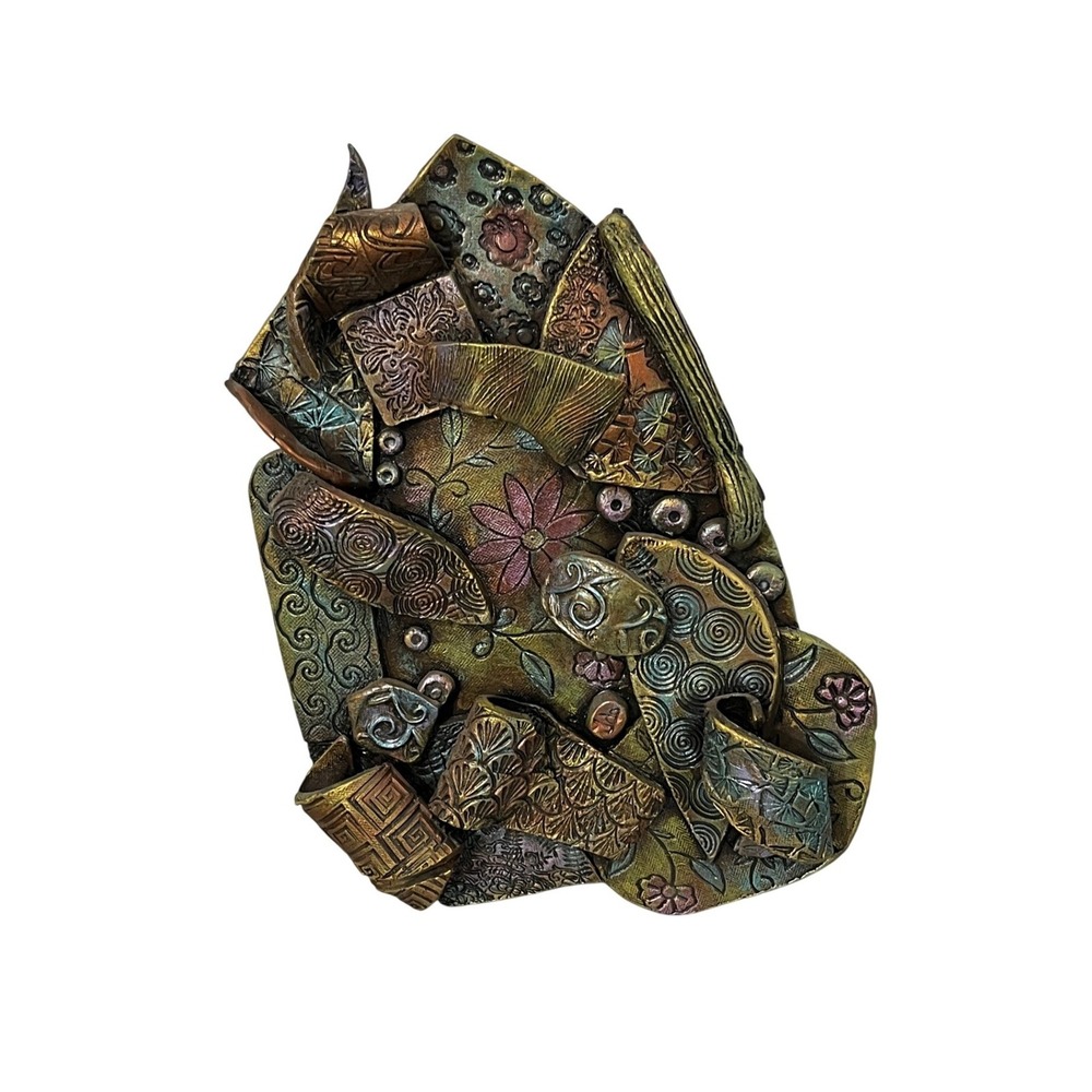 Artist Signed  Mixed Media Wall Art  Bronze Metallic Textured Floral 3D Art